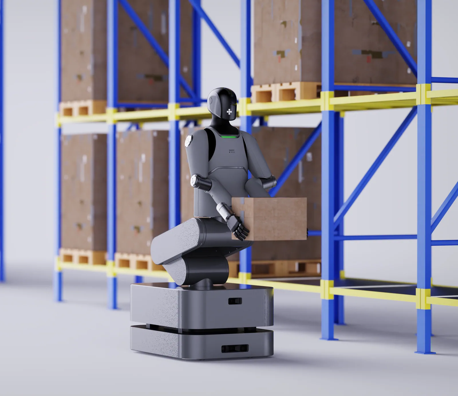 MARK One lifting a carton from a rack of pallets