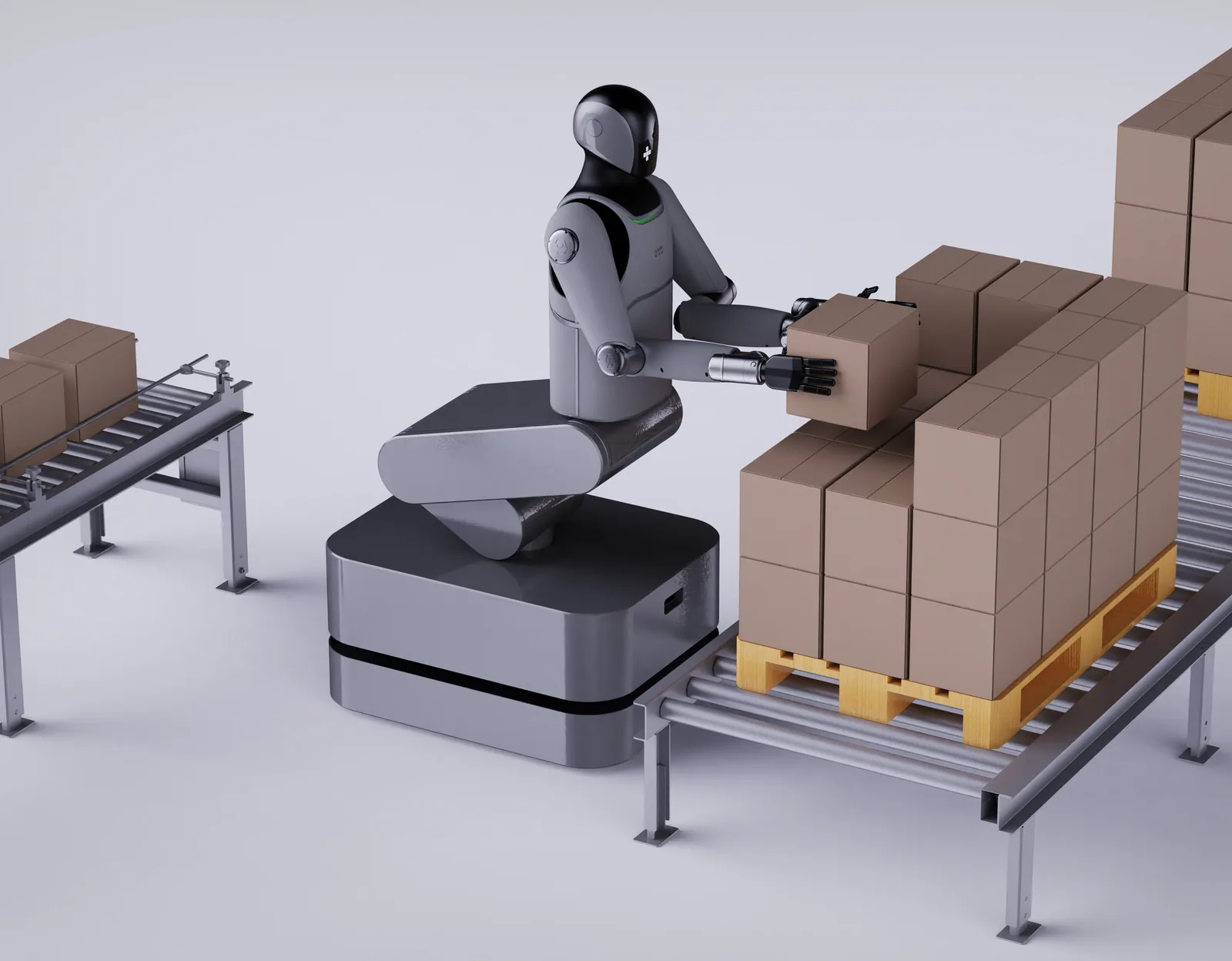 MARK One stacking cartons on a pallet next to a roller conveyor