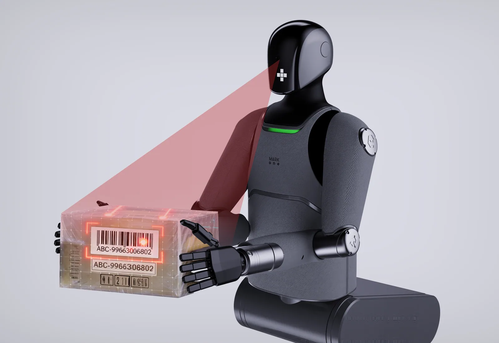 MARK One scanning the barcode on a carton with a red beam