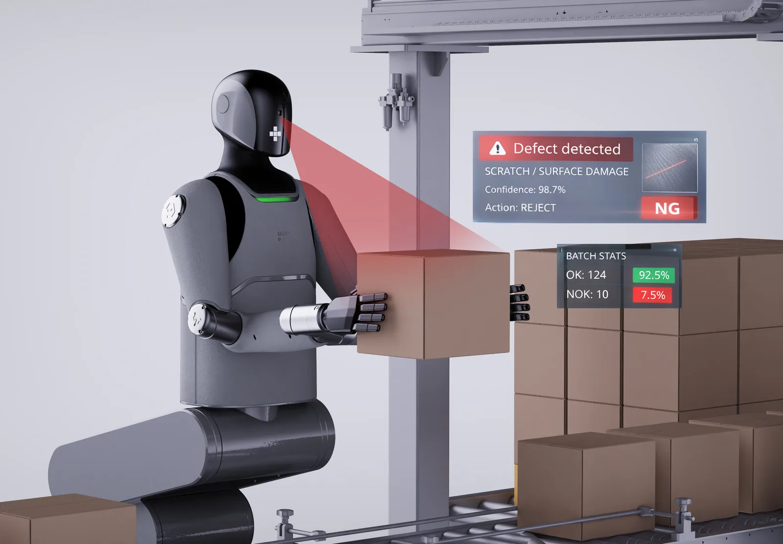 MARK One inspecting a stack of cartons and flagging a defect on a screen